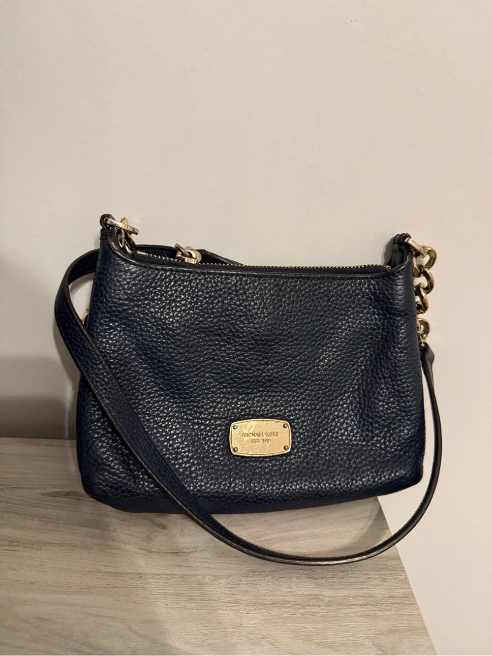 Michael Kors Navy Pebbled Leather Convertible Crossbody with Gold Hardware